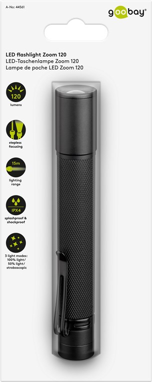 Torch: LED; Flashlight; Zoom; No.of diodes: 1; 60/120lm; Ø21x144mm; Colour: black