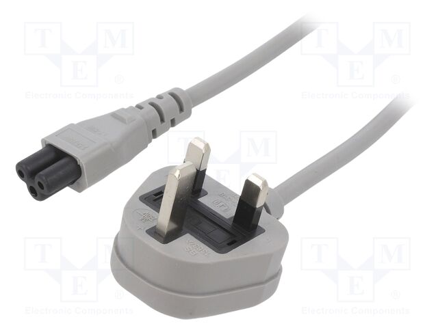Cable; 3x0.75mm2; BS 1363 (G) plug,IEC C5 female; PVC; 3m; grey