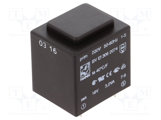 Transformer: encapsulated; 3.2VA; 230VAC; 18V; 178mA; Mounting: PCB