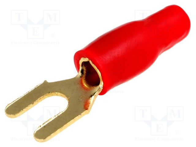 Terminal: fork; M4; 4mm2; gold-plated; insulated; red