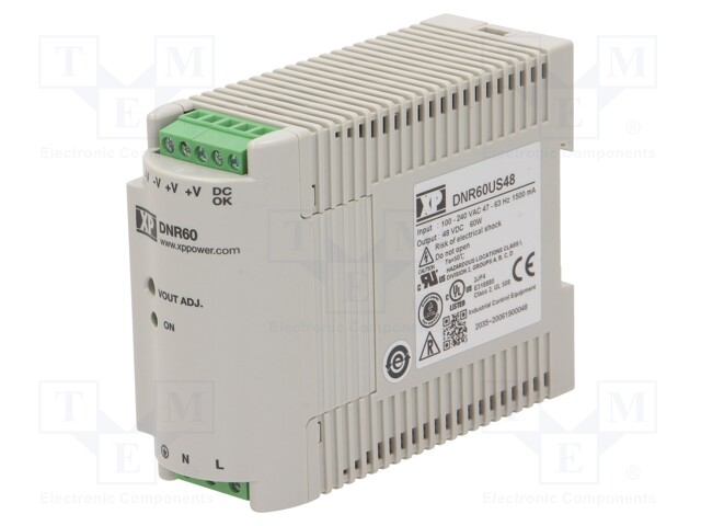 AC/DC DIN Rail Power Supply (PSU), ITE, 1 Output, 60 W, 48 VDC, 1.25 A