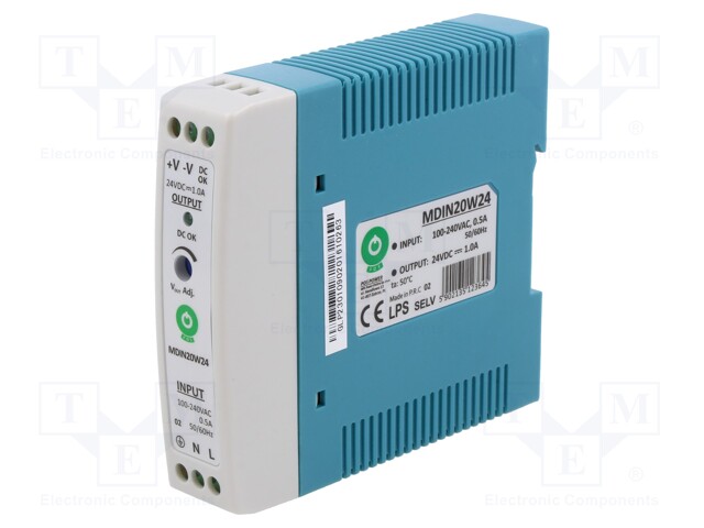 Power supply: switched-mode; 20W; 24VDC; for DIN rail mounting