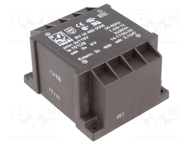 Transformer: encapsulated; 60VA; 115/115VAC; 9V; 9V; 3333mA; 3333mA