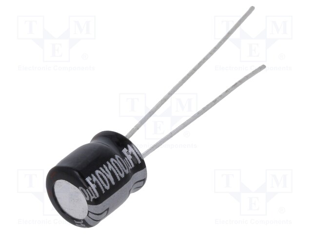 Capacitor: electrolytic; THT; 100uF; 10VDC; Ø6.3x7mm; Pitch: 2.5mm