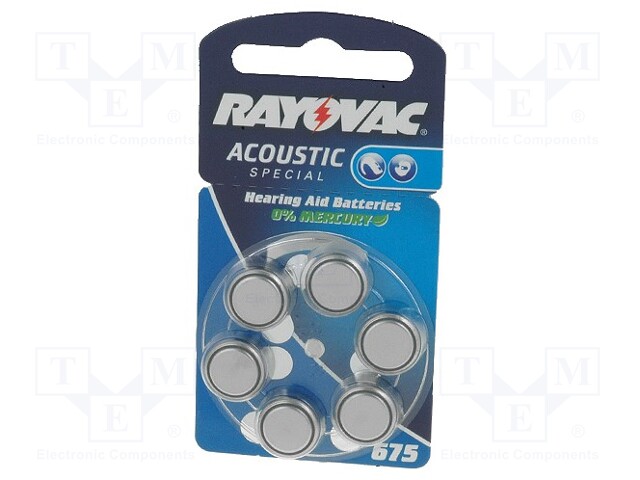 Battery: zinc air (ZnO2); 1.45V; AC675,R1154,coin; Batt.no: 6