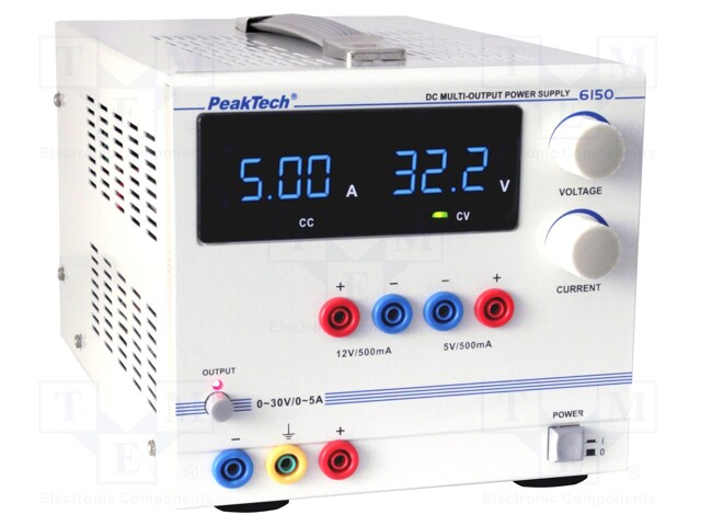 Power supply: laboratory; Channels: 3; 0÷30VDC; 0÷5A; 0÷5VDC; 12VDC