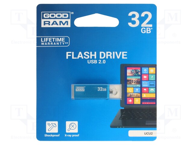 Pendrive; USB 2.0; 32GB; Read: 20MB/s; Write: 5MB/s; Colour: blue