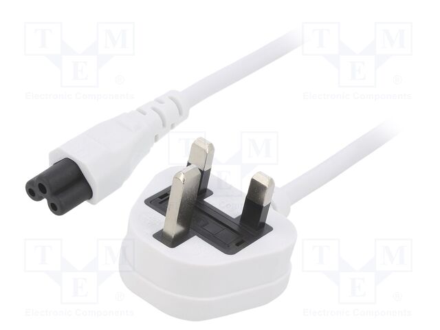 Cable; 3x0.75mm2; BS 1363 (G) plug,IEC C5 female; PVC; 5m; white