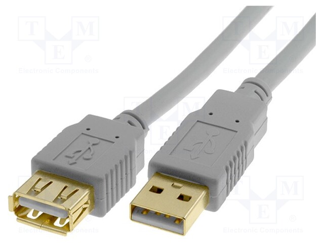 Cable; USB 2.0; USB A socket,USB A plug; gold-plated; 1.8m; grey