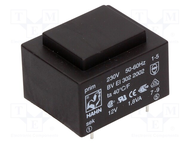 Transformer: encapsulated; 1.8VA; 230VAC; 12V; 150mA; Mounting: PCB