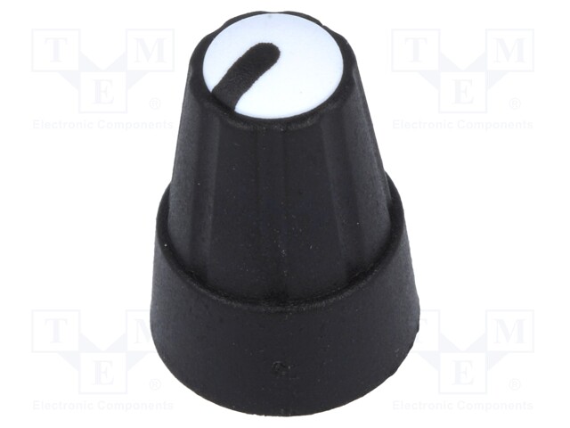 Knob; miniature; plastic; Shaft d: 6mm; Ø13x19mm; black; white