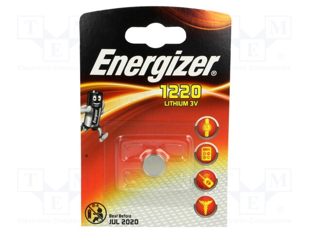 Battery: lithium; 3V; CR1220,coin; Batt.no: 1; Ø12.5x2mm; 40mAh