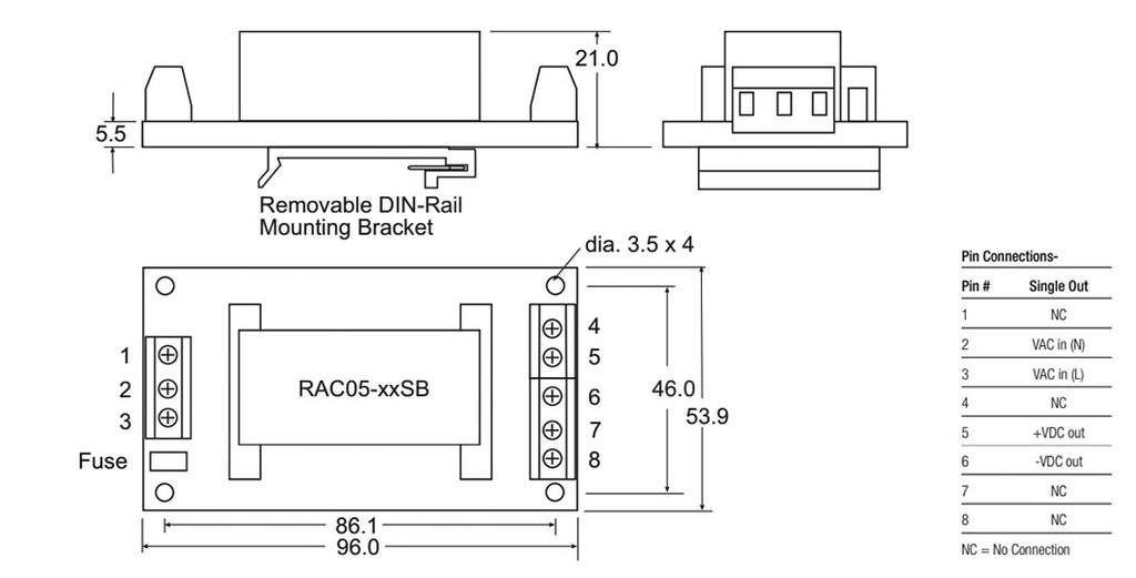Converter: AC/DC; 5W; Uout: 12VDC; Iout: 420mA; 75%; Series: RAC05-B