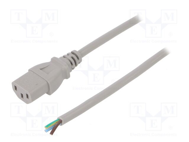 Cable; IEC C13 female,wires; 1.8m; grey; PVC; 3x0,75mm2; 10A; 250V