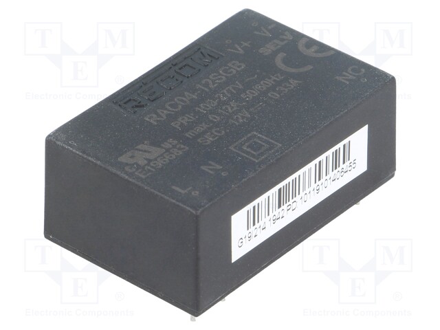 Converter: AC/DC; 4W; Uout: 12VDC; Iout: 330mA; 78%; Mounting: PCB