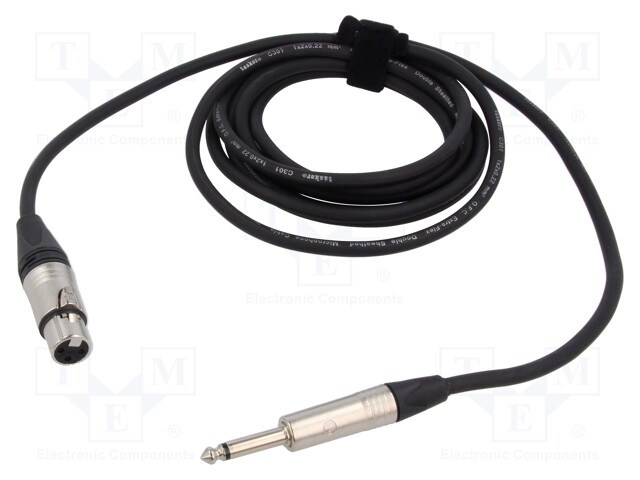 Cable; Jack 6,3mm 2pin plug,XLR female 3pin; 3m; black; PVC