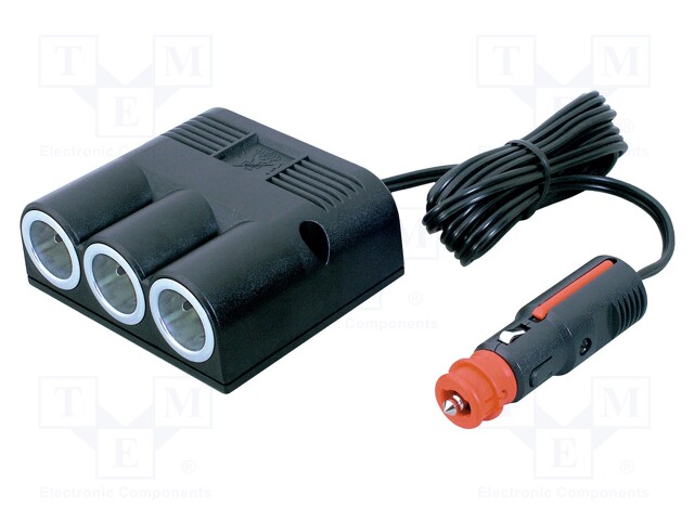 Cigarette lighter splitter; plug-in socket x3; 16A; black; 2m
