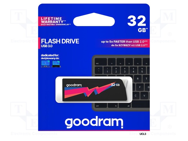 Pendrive; USB 3.0; 32GB; Read: 60MB/s; Write: 20MB/s; Colour: black