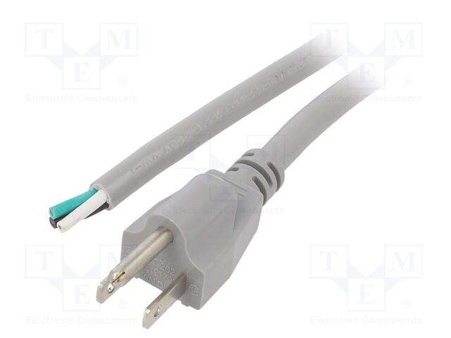 Cable; NEMA 5-15 (B) plug,wires; PVC; 5m; grey; 3x16AWG; 13A; 125V