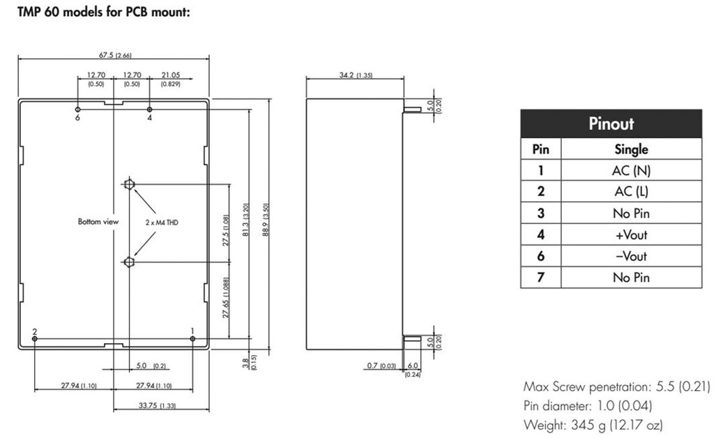 Converter: AC/DC; 60W; Uout: 24VDC; Iout: 2.5A; 84%; Mounting: PCB