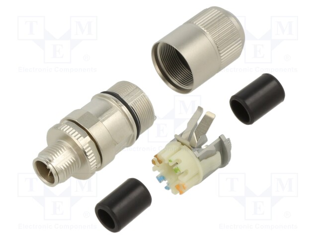 Sensor Connector, IndustrialNet Series, M12, Male, 8 Positions, Crimp Pin, Straight Cable Mount