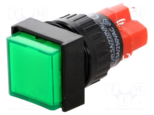 Switch: push-button; Pos: 2; SPDT; 3A/250VAC; 2A/24VDC; green; green