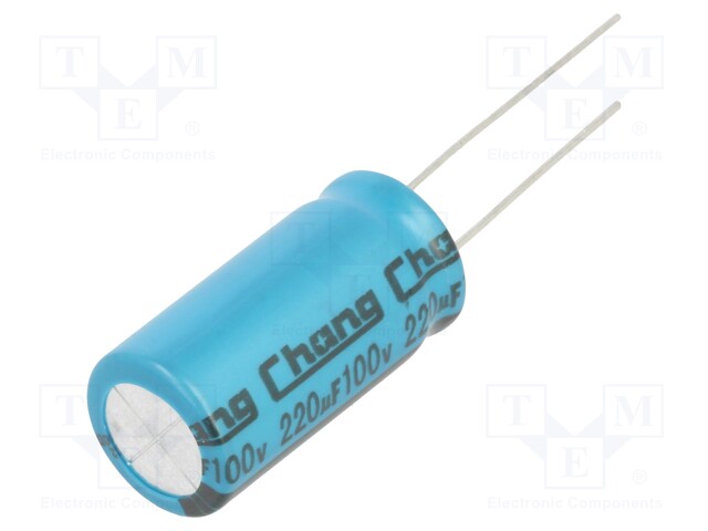 Capacitor: electrolytic; THT; 220uF; 100VDC; Ø12.5x25mm; Pitch: 5mm