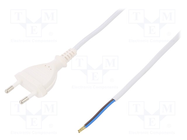 Cable; CEE 7/16 (C) plug,wires; 1.5m; white; PVC; 2x0,5mm2; 2.5A