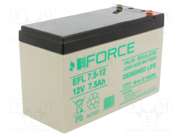 Re-battery: acid-lead; 12V; 7.5Ah; AGM; maintenance-free; EFL