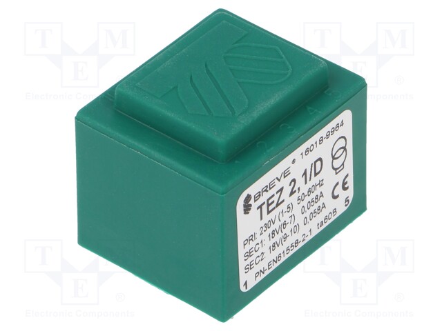Transformer: encapsulated; 2.1VA; 230VAC; 18V; 18V; 58mA; 58mA; IP00