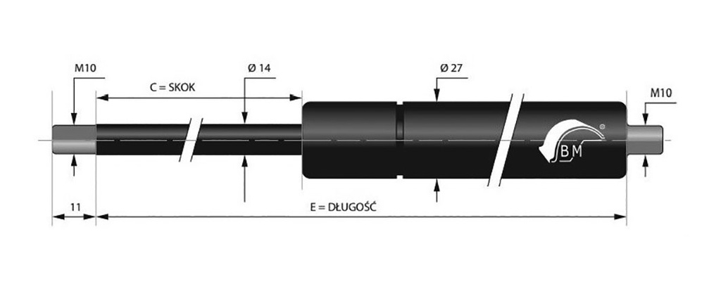 Gas spring; Thread: M10; E: 655mm; Øout: 27mm; Piston diam: 14mm