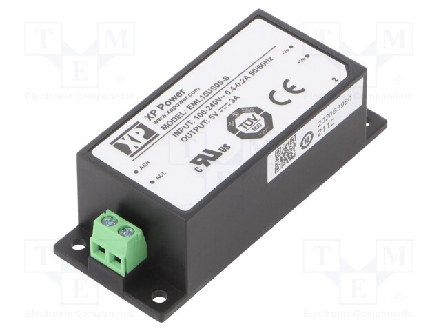 AC/DC Enclosed Power Supply (PSU), Medical, 1 Outputs, 15 W, 5 V, 3 A