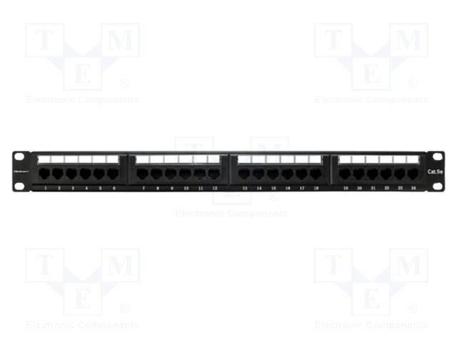 Patch panel; black; Number of ports: 24; Cat: 5e; RJ45 socket x24