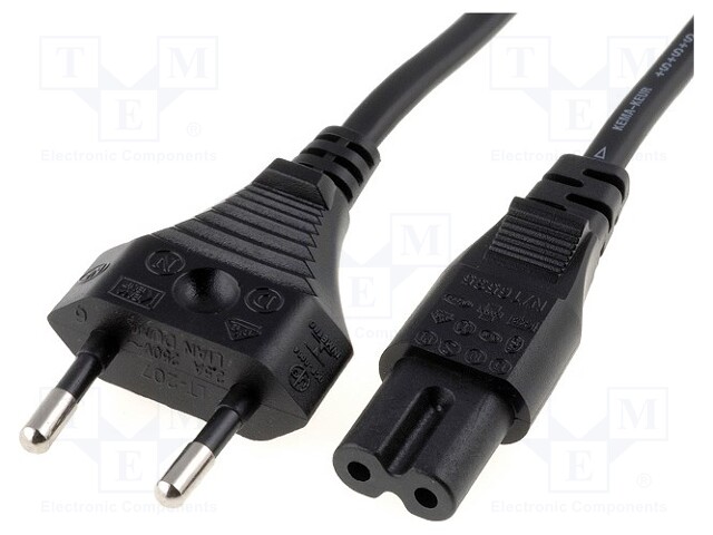 Cable; 2x0.75mm2; CEE 7/16 (C) plug,IEC C7 female; PVC; 1m; black