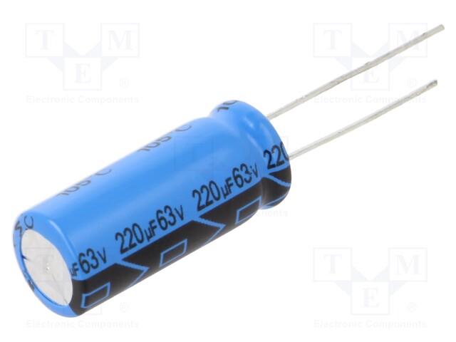 Capacitor: electrolytic; THT; 220uF; 63VDC; Pitch: 5mm; ±20%; 10000h