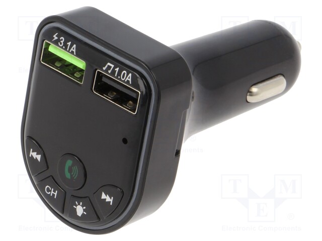 FM transmitter; USB A socket x2; 5V/1A,5V/3.1A; black; 5m