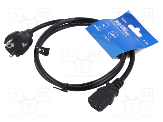Cable; CEE 7/7 (E/F) plug,IEC C13 female; PVC; 1.2m; black; 3A