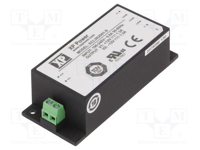 AC/DC Enclosed Power Supply (PSU), ITE, 2 Outputs, 30 W, 12 V, 1.3 A, -12 V