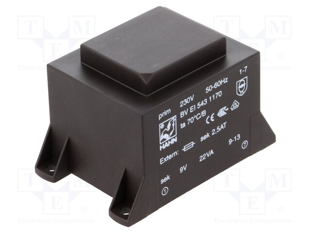 Transformer: encapsulated; 22VA; 230VAC; 9V; 2445mA; Mounting: PCB