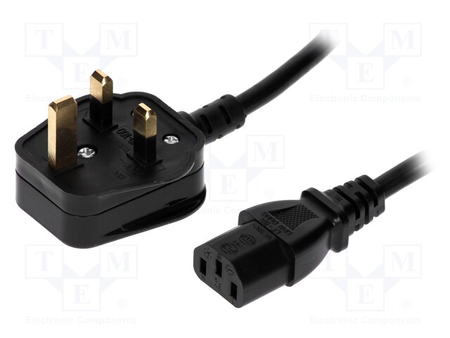 Cable; BS 1363 (G) plug,IEC C13 female; 1.8m; black; PVC; 3A; 250V
