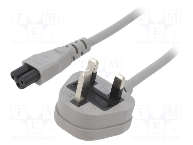 Cable; 3x0.75mm2; BS 1363 (G) plug,IEC C5 female; PVC; 1m; grey