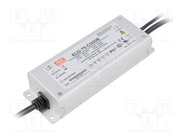 Power supply: switched-mode; LED; 75W; 75÷150VDC; 500mA; IP67; 700g