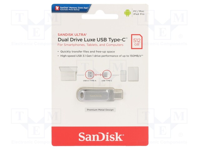 Pendrive; USB 3.1; 512GB; 150MB/s; USB A,USB C