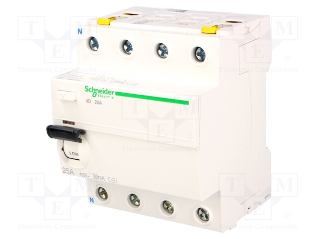 RCD breaker; Inom: 25A; Ires: 30mA; Poles: 4; 400V; Mounting: DIN