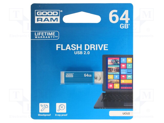 Pendrive; USB 2.0; 64GB; Read: 20MB/s; Write: 5MB/s; Colour: blue