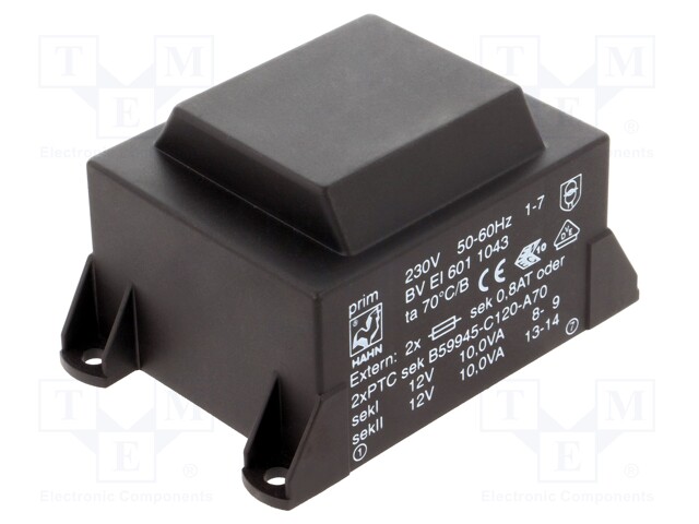 Transformer: encapsulated; 20VA; 230VAC; 12V; 12V; 834mA; 834mA
