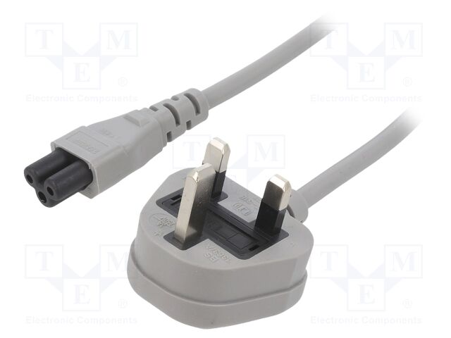 Cable; 3x0.75mm2; BS 1363 (G) plug,IEC C5 female; PVC; 1.8m; grey