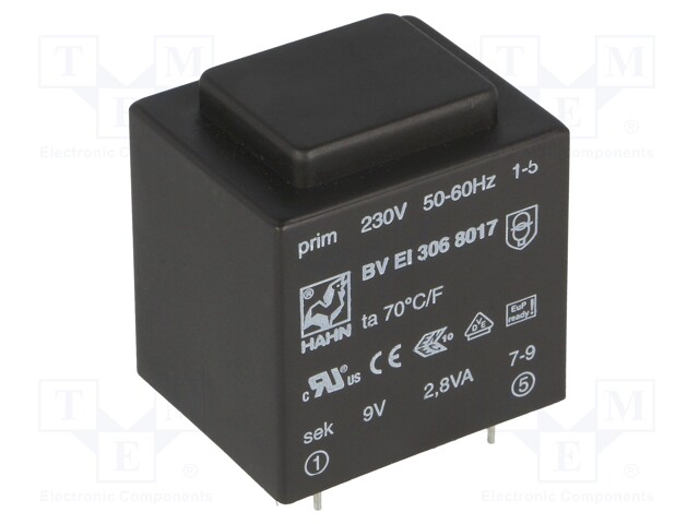 Transformer: encapsulated; 2.8VA; 230VAC; 9V; 311mA; Mounting: PCB