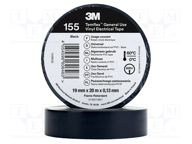 Tape: electrical insulating; W: 19mm; L: 20m; Thk: 0.13mm; black