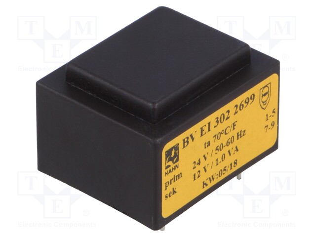 Transformer: encapsulated; 1VA; 24VAC; 12V; 83mA; Mounting: PCB